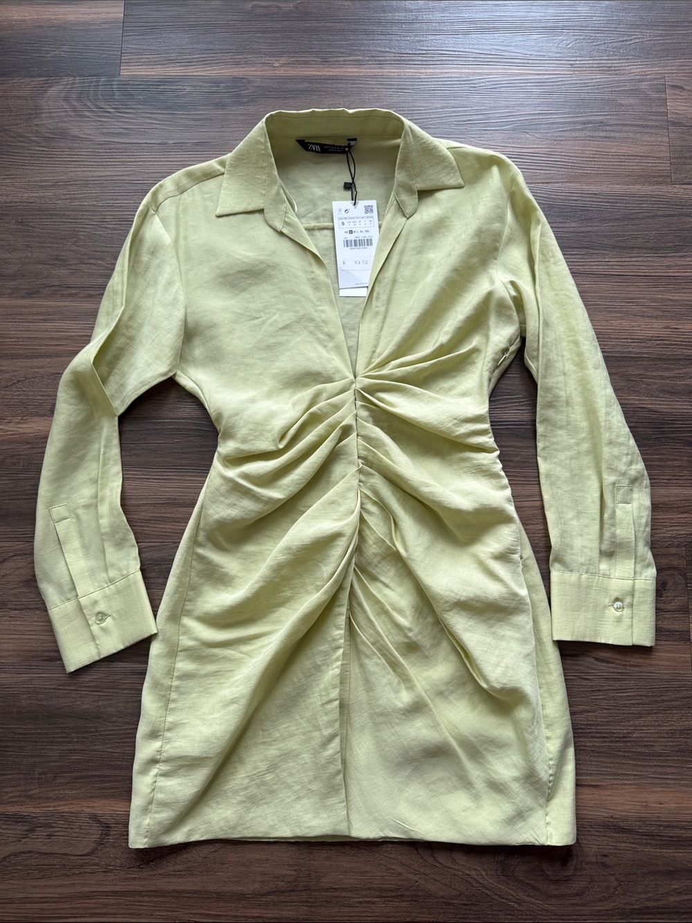 Zara Light Green Ruched Long-Sleeve Dress